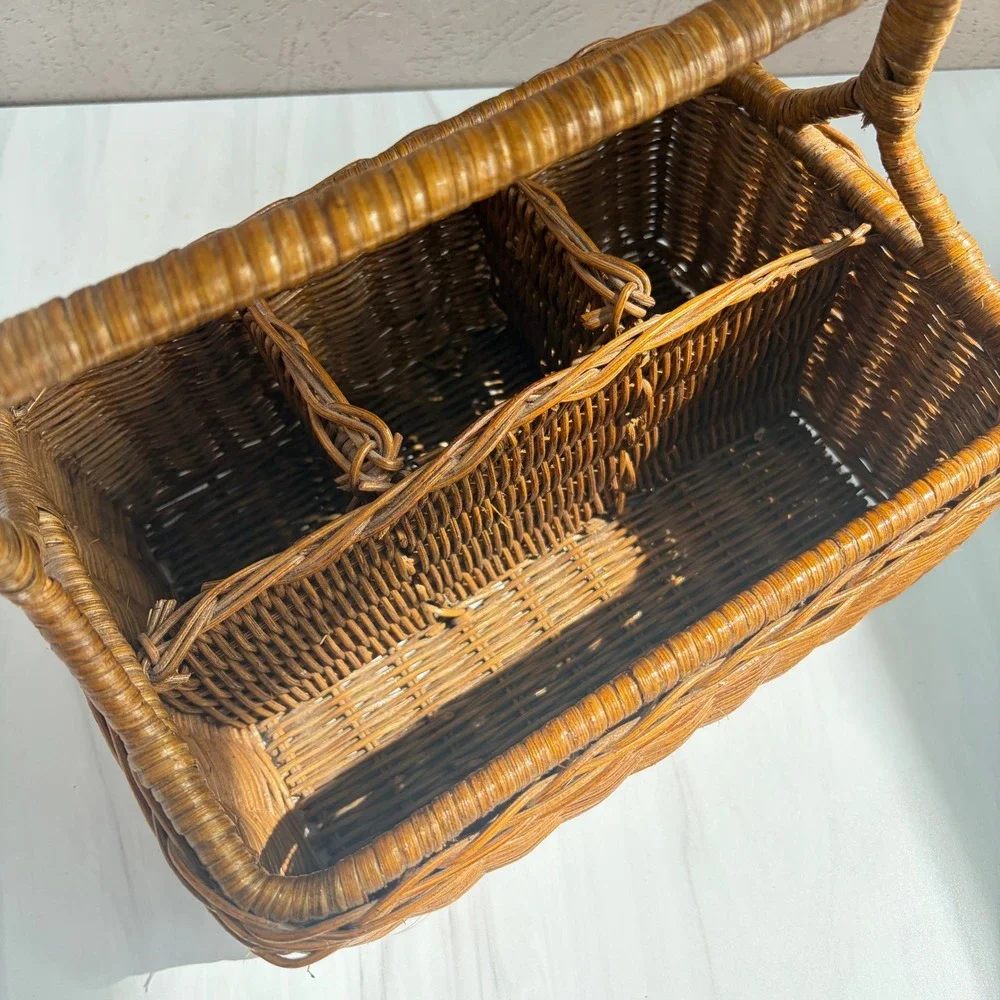Vintage Wicker Utensil Caddy Handwoven Silverware Napkin Holder Brown Basket